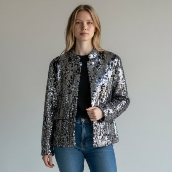 NWOT ZARA All Over Heavy Sequins Bloggers Fave Jacket / Blazer Black Medium Wool - Picture 2 of 12